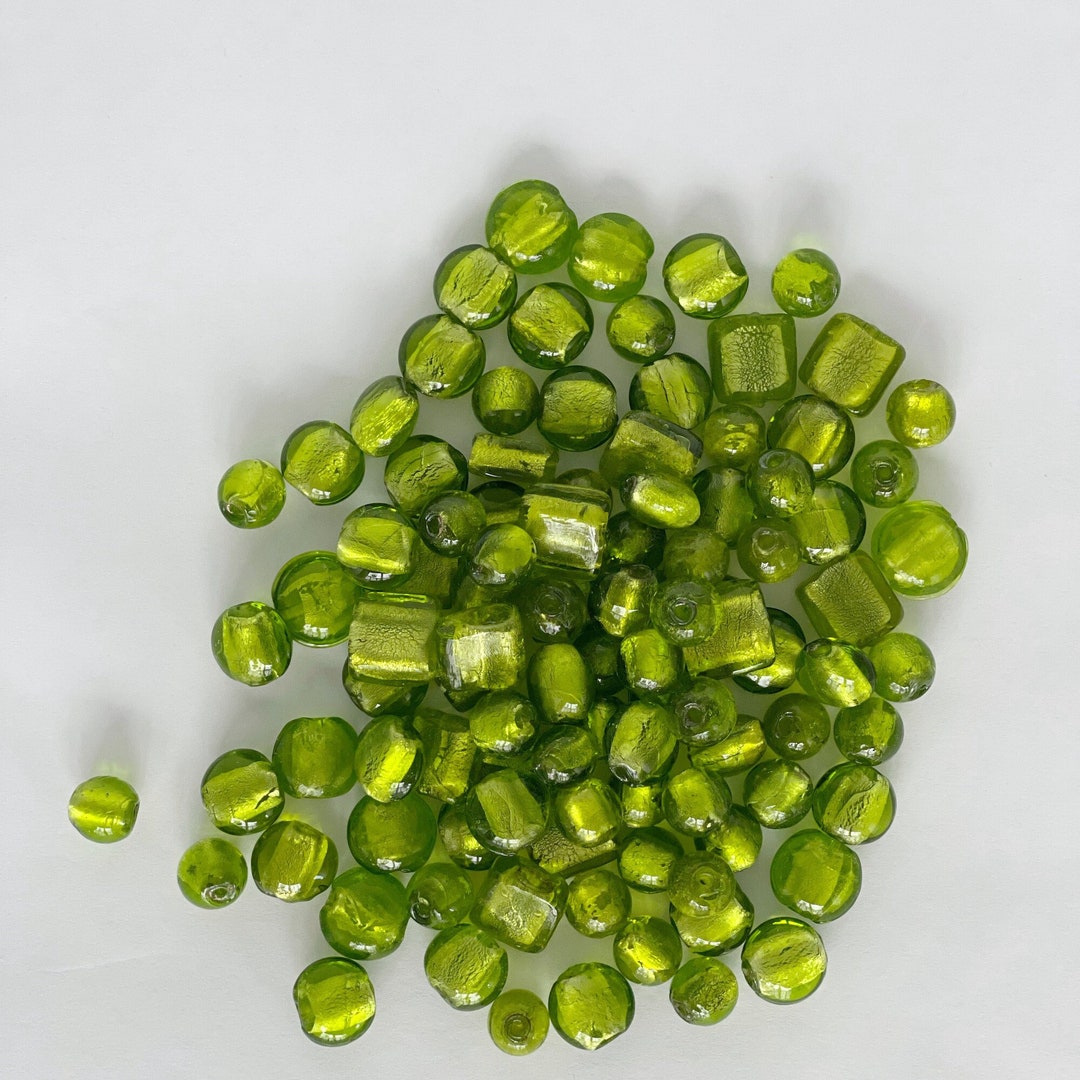 Lightweight Small Beads / Green Glass Beads / Mixed Bead Lot / Square