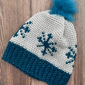 Bonnet au crochet, Bonnet flocon de neige, Bonnet d'hiver au crochet, Bonnet femme au crochet, Bonnet d'hiver, Bonnet d'hiver avec pompon, Bonnet femme avec pompon