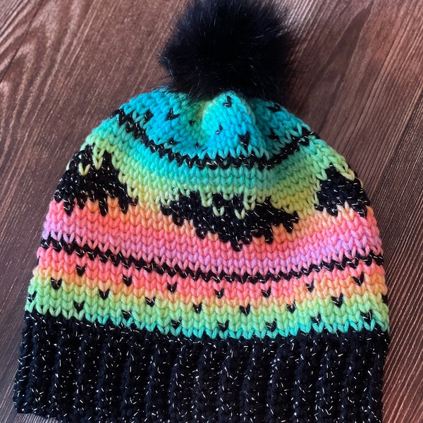 Crocheted Hat, Bat Hat, Winter Hat with Pom Pom, Ladies Hat with Pom Pom, Ladies Winter Hat, Ladies Halloween Hat with Pom Pom