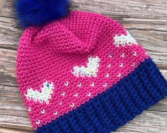 Crocheted Hat with Pom Pom, Ladies Crocheted Hat, Ladies Winter Hat, Winter Hat with Pom Pom, Pink and Blue Hat, Fair Isle Hat, Heart Hat