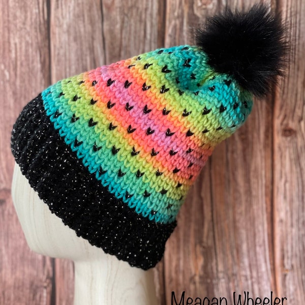 Crocheted Hat with Pom Pom, Ladies Crocheted Hat, Ladies Winter Hat, Winter Hat with Pom Pom, Rainbow Hat, Polka Dot Hat