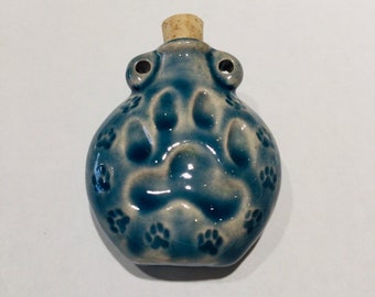 Paw print Clay Bottle pendant blue green raku glaze