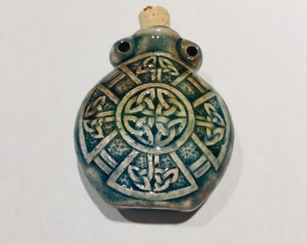 Celtic knot Clay Bottle pendant blue green raku glaze