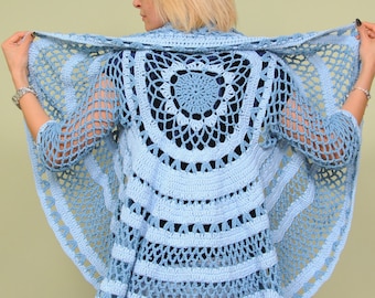 Crochet jacket cotton, crochet top, cardigan worked in a circle lace pattern, jacket boho chic, mandala jacket. Handmade. Ready to ship.