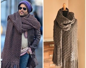 CHOOSE YOUR COLOR. Maxi scarf inspired by Lenny Kravitz, extra large knitted scarf with fringes, giant scarf in wool and alpaca, no acrylic