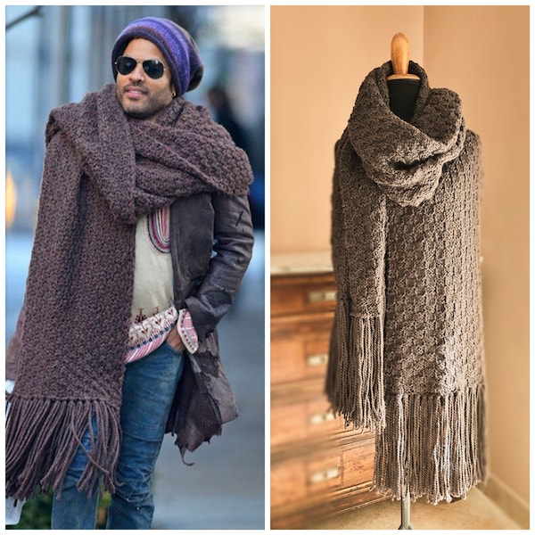 CHOOSE YOUR COLOR. Maxi scarf inspired by Lenny Kravitz, extra large knitted scarf with fringes, giant scarf in wool and alpaca, no acrylic