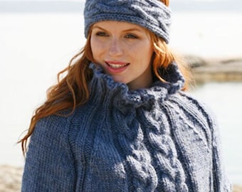 Poncho et bandeau tricotés en laine et alpaga, cape en laine, bandeau chauffe-tête, haussement d'épaules tressé, tenue d'hiver. Travaillé à la main.