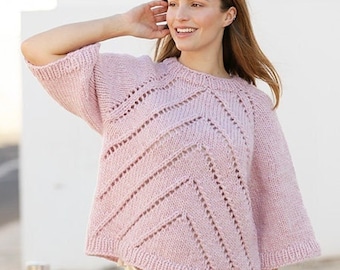 Pull tricoté à raglan, pull femme à motif dentelle, manches 3/4. CHOISISSEZ LA TAILLE ET LA COULEUR