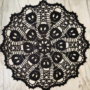 READY TO SHIP. Black doily with skulls, Halloween decor, black doily, lace doily, table centerpiece, horror doily