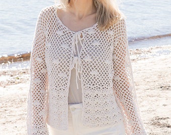 Cotton viscose linen crochet jacket openwork cardigan, boho shirt, spring woman outfit, handmade. CHOOSE SIZE and COLOR.