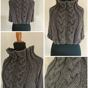 VERSANDFERTIG. Strickponcho aus Alpakawolle, Wollumhang, geflochtener Bolero, Winteroutfit. Handgefertigt. braune Farbe