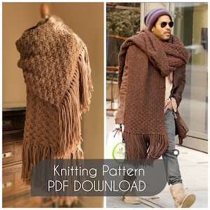 May include: Knitting pattern PDF download for a brown fringed scarf. The scarf is shown draped over a mannequin and worn by a person in the street.