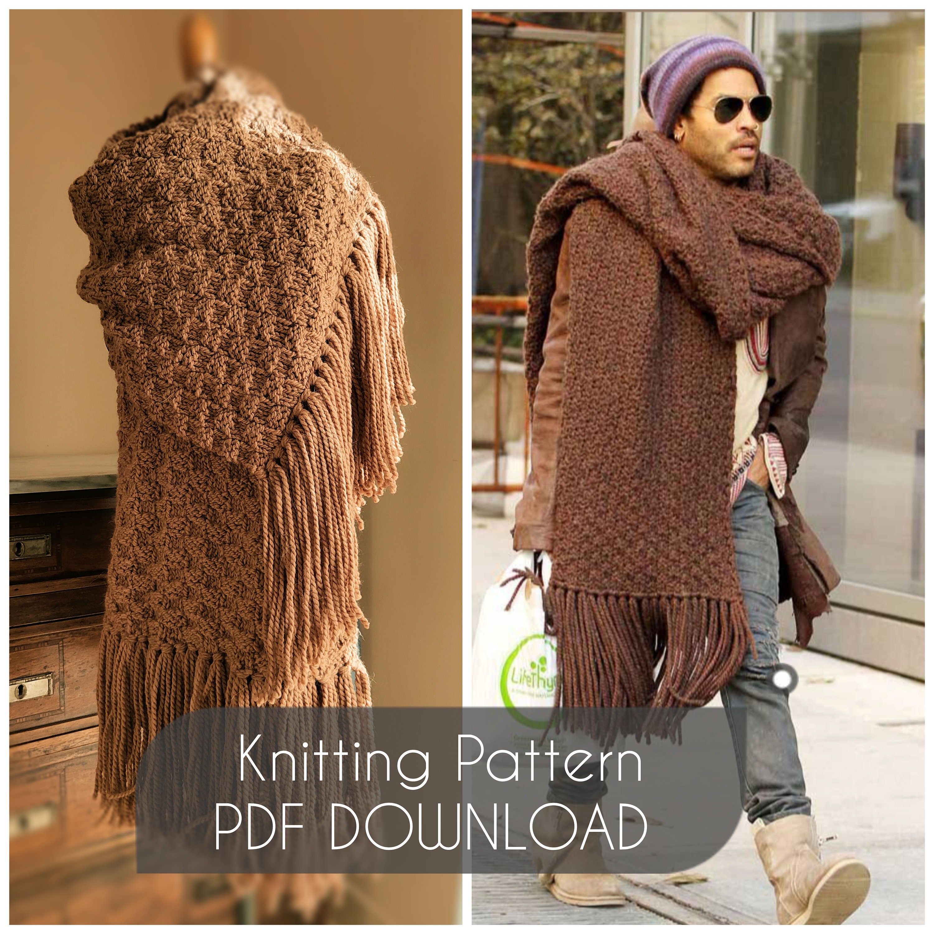 PATTERN PDF maxi scarf inspired by Lenny Kravitz, extra large knitted scarf, giant scarf wool and alpaca, PDF pattern. Almond color