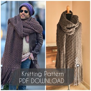 May include: A brown knitted scarf with fringe on the ends. The scarf is draped over a mannequin and a person wearing a brown leather jacket. The text "Knitting Pattern PDF DOWNLOAD" is at the bottom of the image.