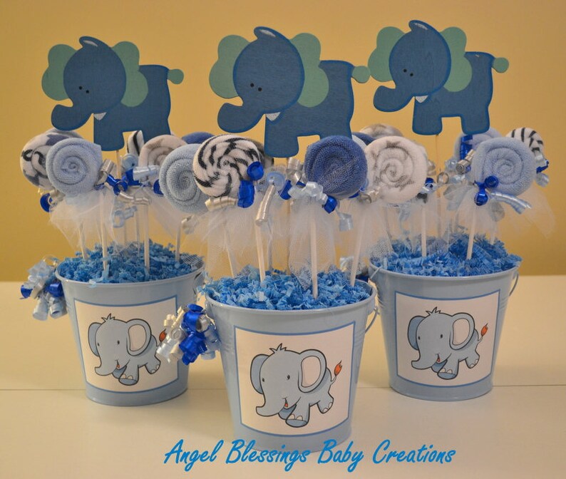 Elephant Baby Shower Centerpiece With Washcloth Lollipop Favors Made To Order For Boys Girls Or Gender Neutral Showers