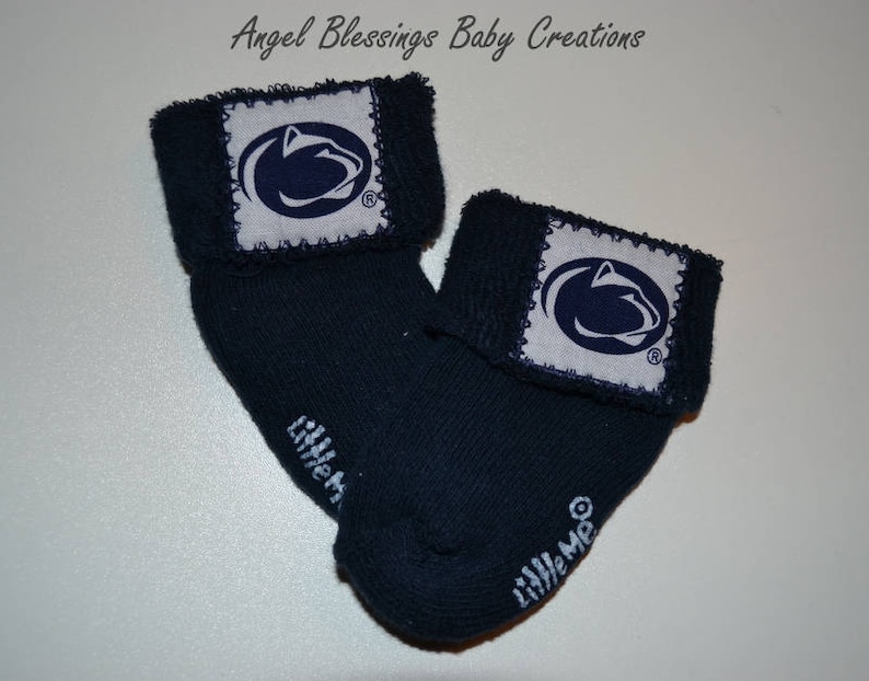 Penn State Baby Socks 0-6 Months Size Made To Order in Gray Navy Blue or White with Team Licensed Fabric Appliques Gender Neutral Socks