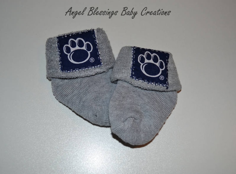 Penn State Baby Socks 0-6 Months Size Made To Order in Gray Navy Blue or White with Team Licensed Fabric Appliques Gender Neutral Socks