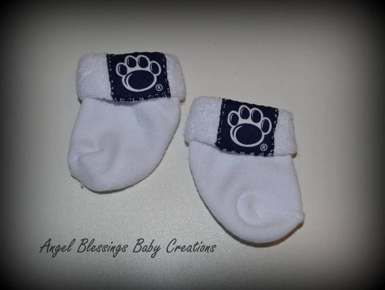 Penn State Baby Socks 0-6 Months Size Made To Order in Gray Navy Blue or White with Team Licensed Fabric Appliques Gender Neutral Socks