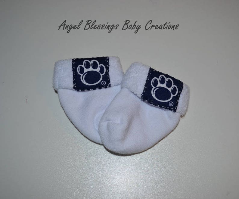 Penn State Baby Socks 0-6 Months Size Made To Order in Gray Navy Blue or White with Team Licensed Fabric Appliques Gender Neutral Socks