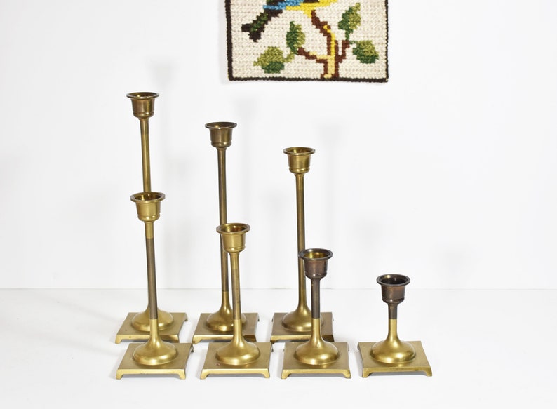 Set of 7 Vintage Solid Brass Tulip Candle Holders with Square Bases