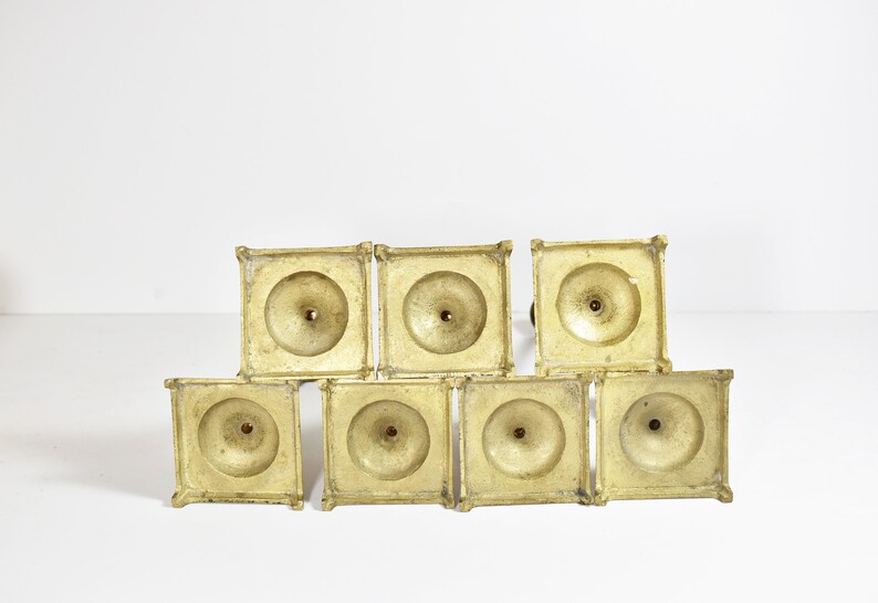 Set of 7 Vintage Solid Brass Tulip Candle Holders with Square Bases