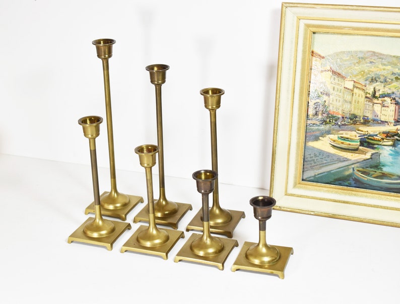 Set of 7 Vintage Solid Brass Tulip Candle Holders with Square Bases