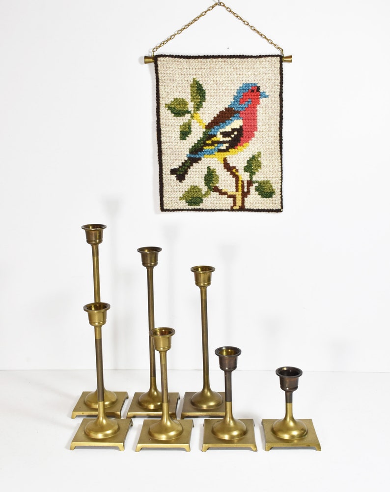 Set of 7 Vintage Solid Brass Tulip Candle Holders with Square Bases