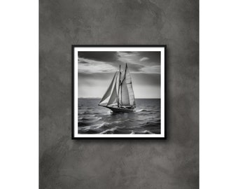 Vintage zwart-witte zeilbootfotografie | Afdrukbaar downloadbestand | Digitale kunst
