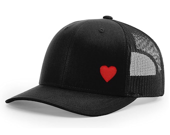 Heart Trucker Hat Mesh Snapback Closure Baseball Cap Black