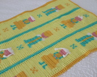 Vintage Yellow Crocheted Baby Blanket / Afghan