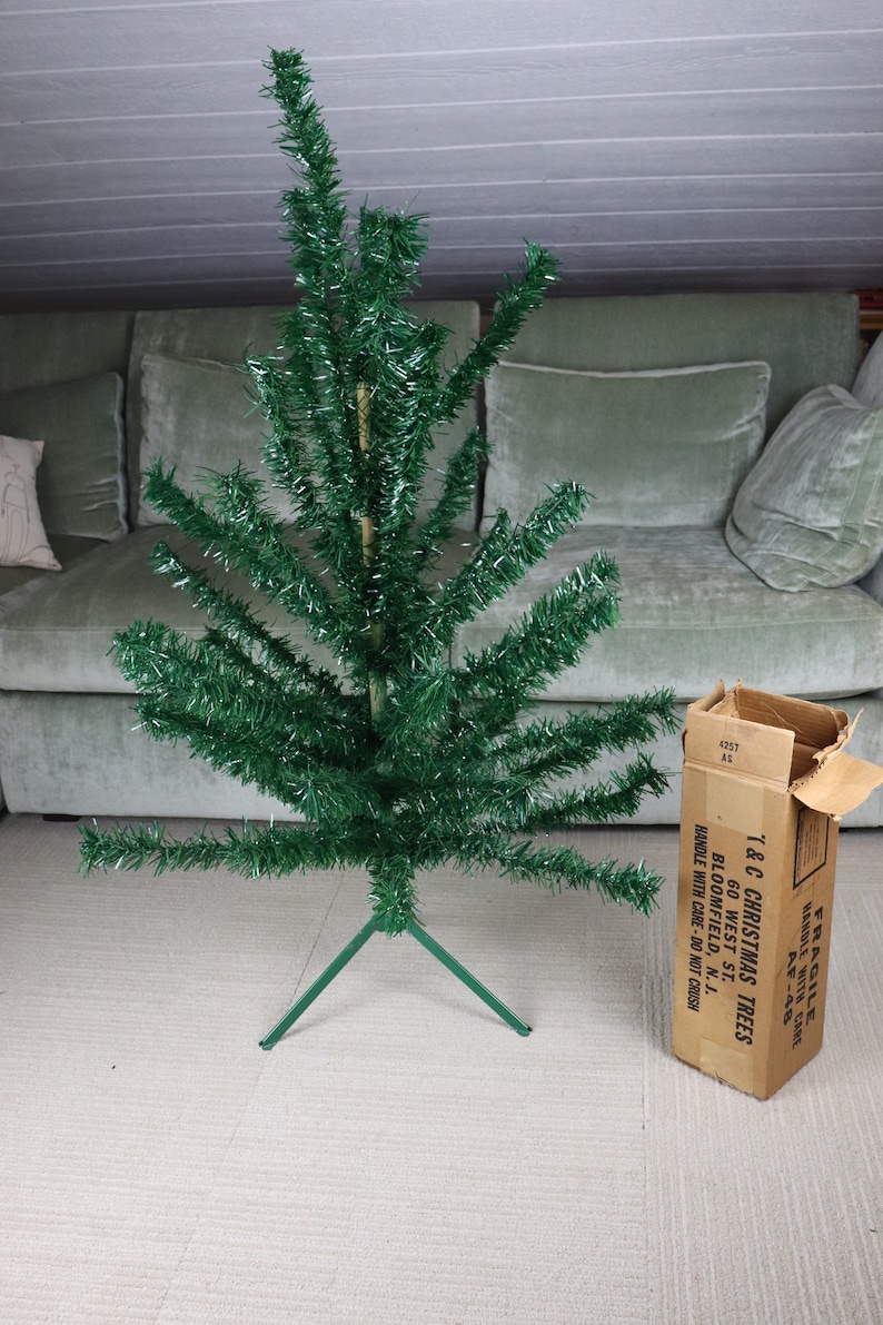 Vintage 4 ft tall Mid Century Green Christmas Tree image 1