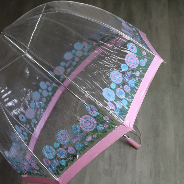 SALE Pick the One You Want:  Vintage Clear Plastic Dome Umbrella - Pink or Blue Floral Border