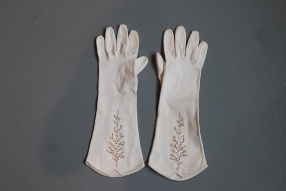 Vintage Women's White Beaded Long Cloth Gloves - image 2