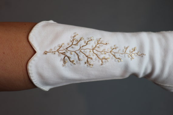 Vintage Women's White Beaded Long Cloth Gloves - image 3