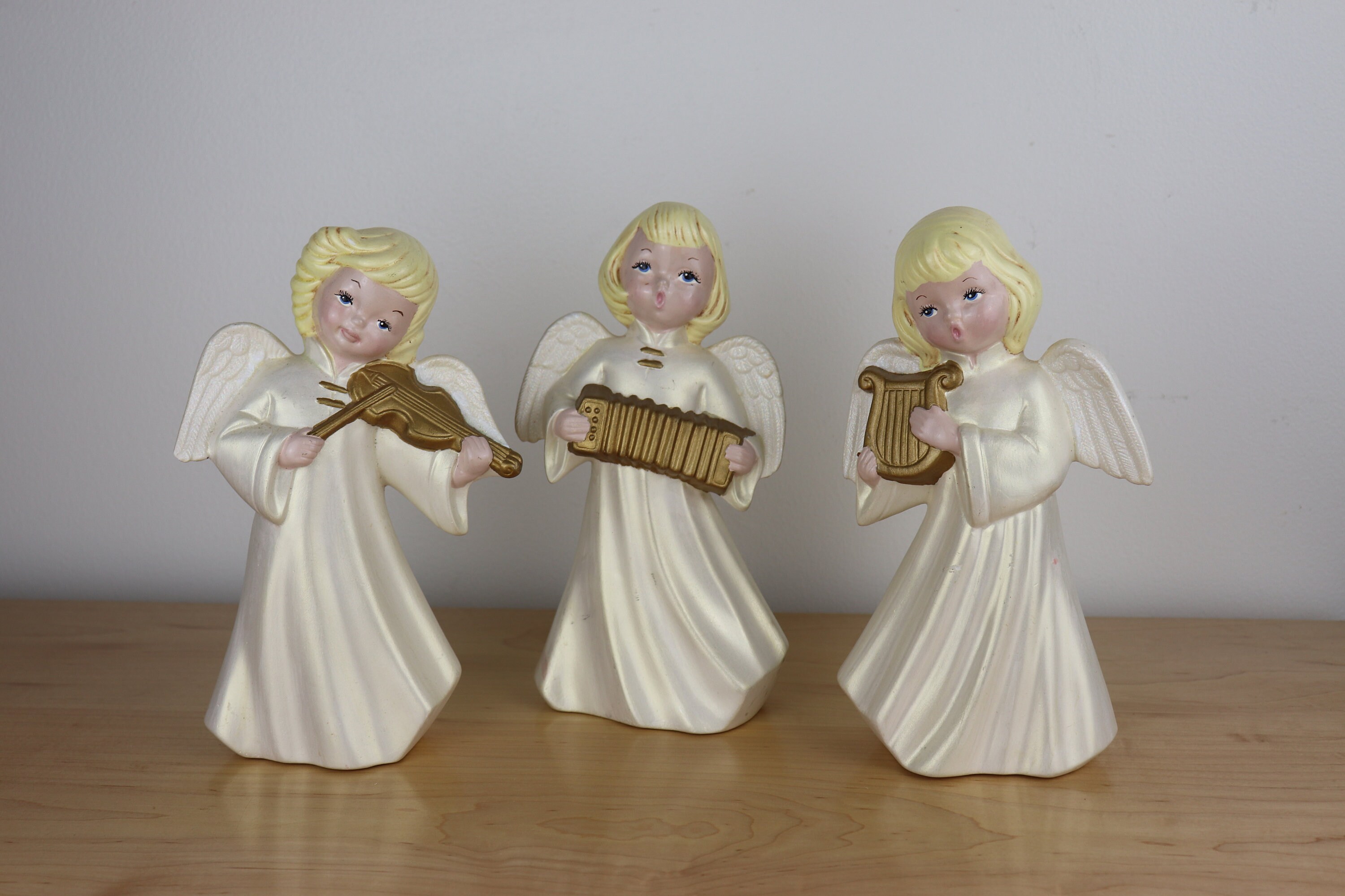Vintage Musical Angels - White, Cream - Set of 3 - Christmas Decor