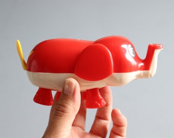 Vintage Elephant Plastic Wind Up Toy - Red