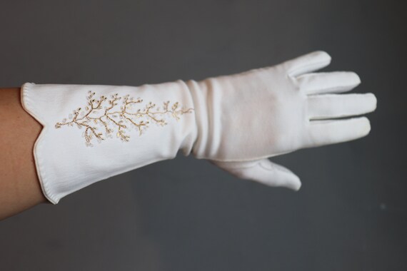 Vintage Women's White Beaded Long Cloth Gloves - image 1