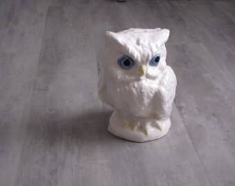 Vintage White Ceramic Owl Figurine Bank