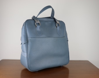 Vintage Dusty Blue Vinyl Carry On Luggage / Shoulder Bag / Purse / Tote