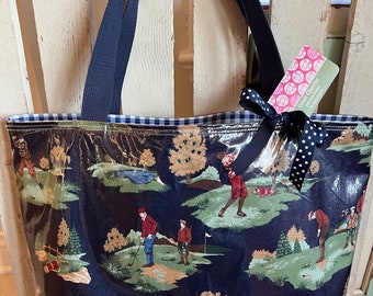 Large Oil Cloth Tote Bag in Vintage Golfer Print and Navy Blue Gingham