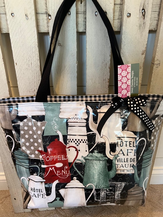 Large Oil Cloth Tote Bag in Coffee Pot Print and Black Gingham Etsy