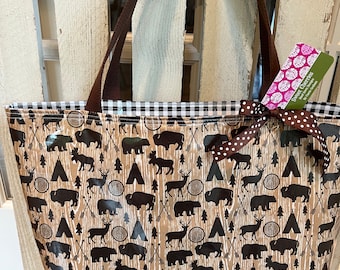 Large Oil Cloth Tote Bag in Western Animal Print and Black Gingham