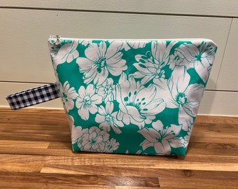 Cosmetic Bag in Teal Floral Print & Navy Blue Gingham Oil Cloth