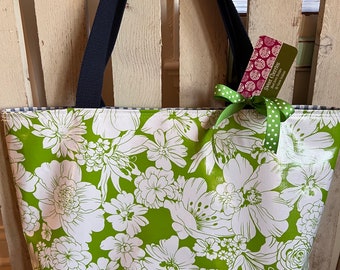 Large Oil Cloth Tote Bag in Green Floral Print & Blue Gingham