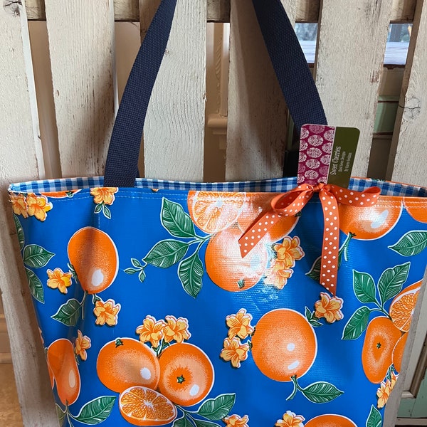 Large Oil Cloth Tote Bag in Oranges Print & Blue Gingham