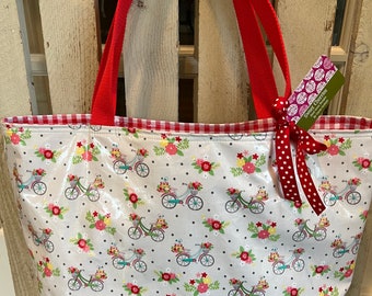 Large Oil Cloth Tote Bag in Flower Peddler Print and Red Gingham