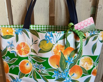 Large Oil Cloth Tote Bag in Oranges Print & Green Gingham