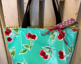 Medium Oil Cloth Tote Bag in Teal Cherry and Green Gingham