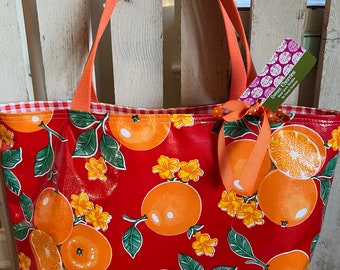 Large Oil Cloth Tote Bag in Oranges Print & Red Gingham