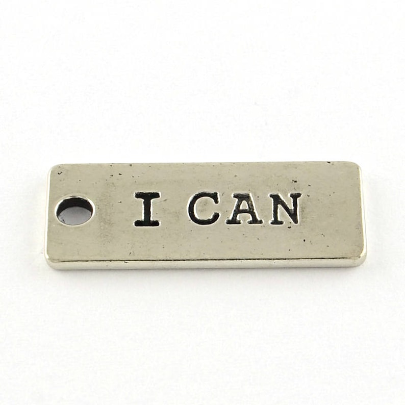 I Can Positivity and Motivation Tag Silver Large Mala or Bracelet Charm 10 Pieces Base Metal 10x24mm